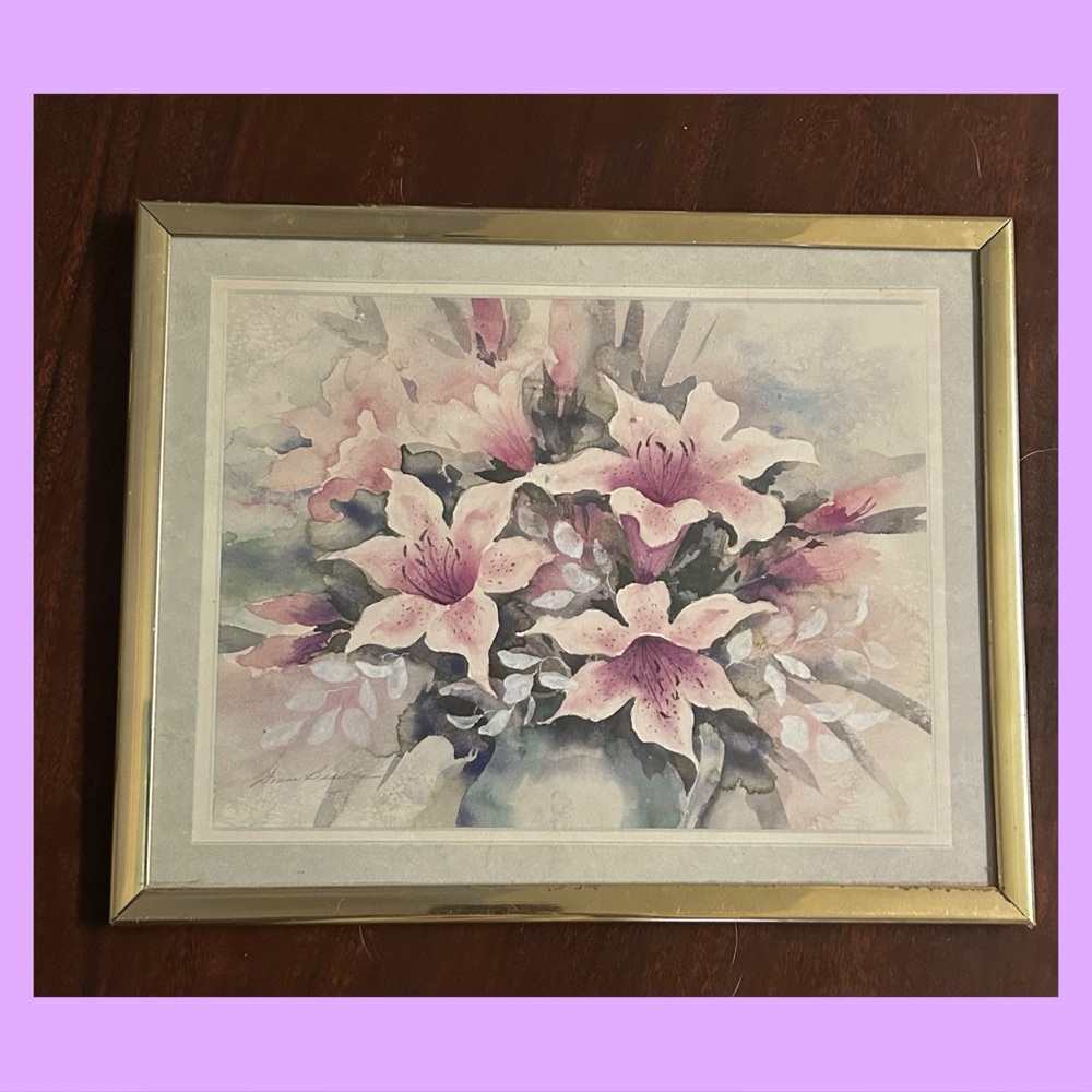 Floral Watercolor Painting with Gold Frame